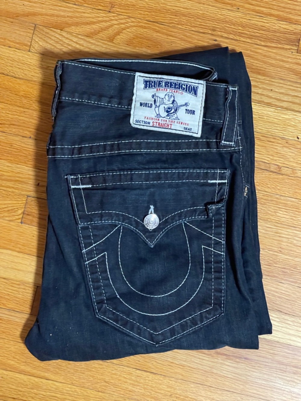 True Religion Black Straight Jeans with White Contrast Stitching